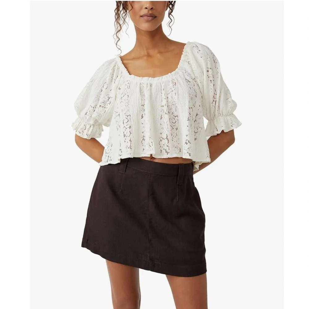 8. NWOT FREE PEOPLE “Stacey” Ivory Lace Cropped Peasant Top